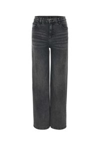 Schwarze High-Waist-Jeans aus Denim mit geradem Bein, dezenter Waschung und klassischer Fünf-Taschen-Design mit gestickten Details.