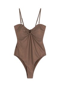 Costum de baie dintr-o bucată, de culoare marron, cu un model texturat de șarpe, bust structurat, bretele ajustabile și un detaliu decorativ central sub formă de nod.