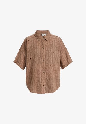 Short-sleeve shirt in light brown textured fabric with a pattern of overlapping circles, featuring a collar and button closure down the front.
