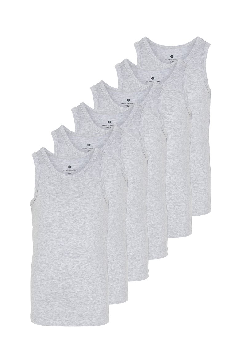 Seks grå bomulds tanktoppe med et klassisk design, der har en rund halsudskæring og uden ærmer, stablet side om side.
