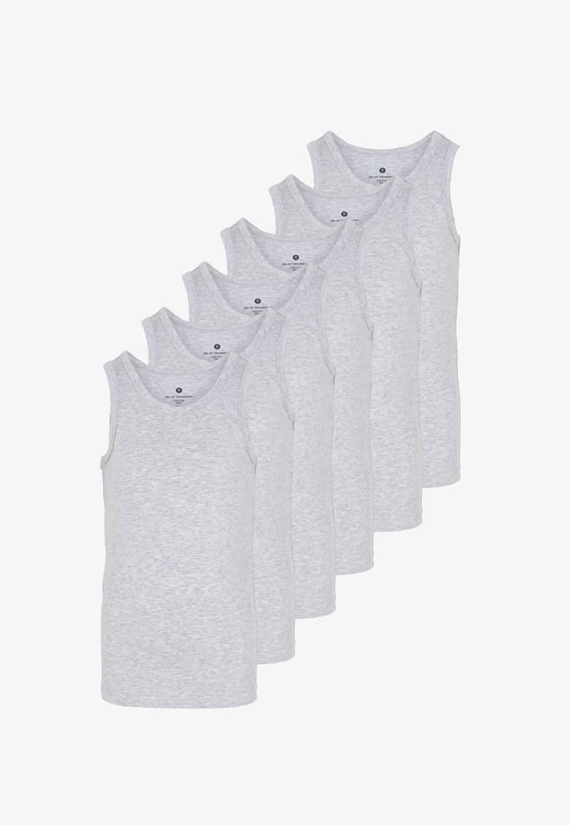 Seks grå bomulds tanktoppe med et klassisk design, der har en rund halsudskæring og uden ærmer, stablet side om side.