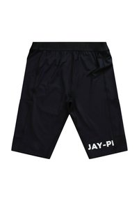 Shorts de sport noirs avec une ceinture élastique, comportant des poches latérales et "JAY-PI" en texte blanc sur le bas de la jambe droite.