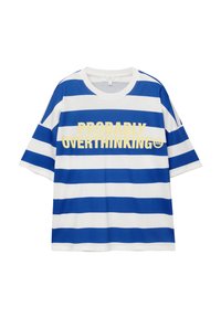 Baumwoll-T-Shirt mit blauen und weißen horizontalen Streifen. Mit fettem gelben Text "Wahrscheinlich überdenke ich es zu viel" und einer Smiley-Grafik. Kurze Ärmel.