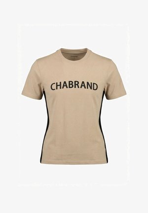 Camiseta beige de manga corta con texto "CHABRAND" en el pecho y paneles laterales negros, talla mediana, estilo cuello redondo.