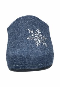 Navy blue felt slipper with a rounded toe, featuring a sparkling snowflake design and black rubber sole. Type an indoor footwear.