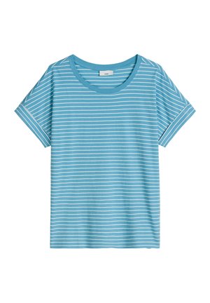 Blaues Kurzarm-T-Shirt mit weißen horizontalen Streifen und rundem Ausschnitt, flach liegend mit gefalteten Ärmelbündchen.