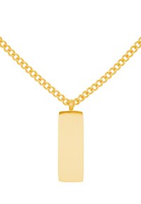 Halskette in Goldton mit einem strukturierten, rechteckigen Anhänger an einer Kette mit runden Gliedern. Einfaches Design mit hochglänzender Oberfläche.