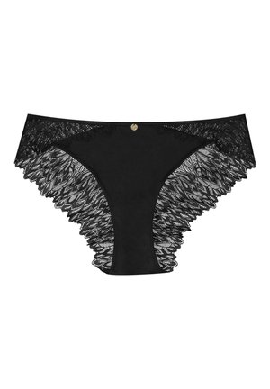 Schwarze Spitzenunterwäsche mit glatter Vorderseite und filigranem Spitzenbesatz an den Seiten, ergänzt durch ein kleines goldfarbenes Akzentdetail.