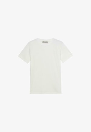 Witte katoenen T-shirt met een ronde hals, korte mouwen en een klein logo op de linkerkant van de borst. Zachte textuur en een standaard pasvorm.