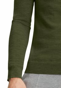 Grüner Strickpullover mit Rundhalsausschnitt, langen Ärmeln und gerippten Manschetten. Der Stoff hat eine glatte Textur und ein figurnahes Design.