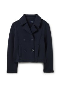 Chaqueta azul marino cruzada hecha de tela suave. Presenta mangas largas, cuello con solapa y dos bolsillos delanteros con botones.