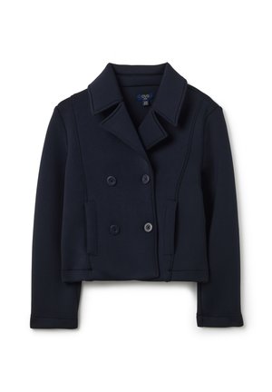 Veste bleu marine à double boutonnage en tissu doux. Elle présente des manches longues, un col à revers et deux poches avant avec des boutons.