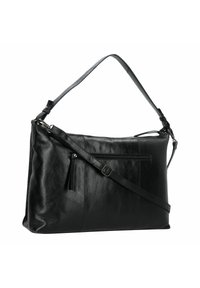 Bolso de hombro de cuero negro con acabado brillante, que cuenta con una correa de hombro removible, un bolsillo con cremallera y un bolsillo frontal plano con detalle de borlas.