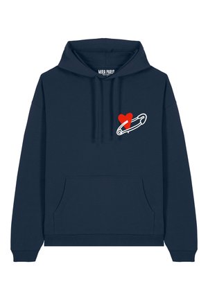Navy blue hoodie made of cotton blend featuring a front pocket and a graphic design of a safety pin with a red heart.
