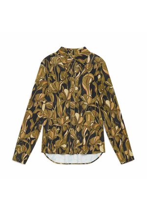 Chemise à manches longues verte et marron avec un motif floral, fermeture à boutons sur le devant, ourlet arrondi et une couche de sous-vêtement plus claire visible.