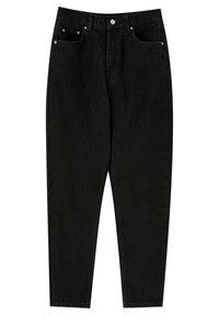 Jean en denim noir à taille haute, doté de cinq poches, de garnitures en métal et d'une coupe droite. Texture du tissu mate.