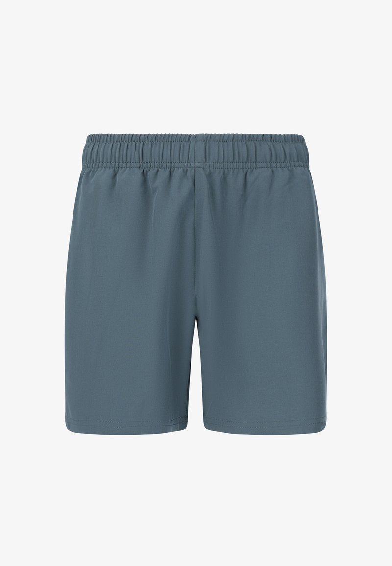 Graue Shorts mit einem elastischen Bund, aus glattem, leichtem Stoff gefertigt. Schlichtes Design ohne sichtbare Muster oder Hardwaredetails.