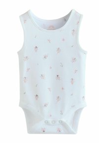 Valge varrukateta beebikehakate, millel on roosas ja rohelises värvitoonis haldja- ja lillemustriga. Alumises osas on hõlpsaks riietamiseks trukid.