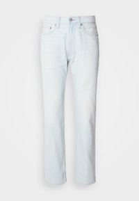 Blugi din denim de culoare albastru deschis, cu un croi drept. Prezintă un sistem de închidere cu nasture și bucle pentru curea, având o textură decolorată și cusături minime.