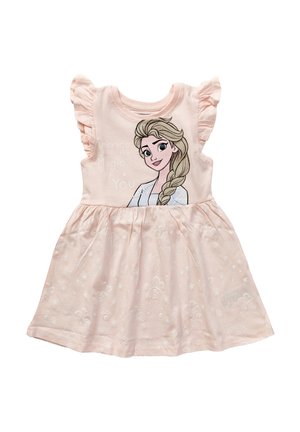 Helles pinkes Kleid mit Rüschensleeves, das ein bedrucktes Charakterdesign und den Text "Umarme die Magie in dir" zeigt, akzentuiert mit Glitzer.