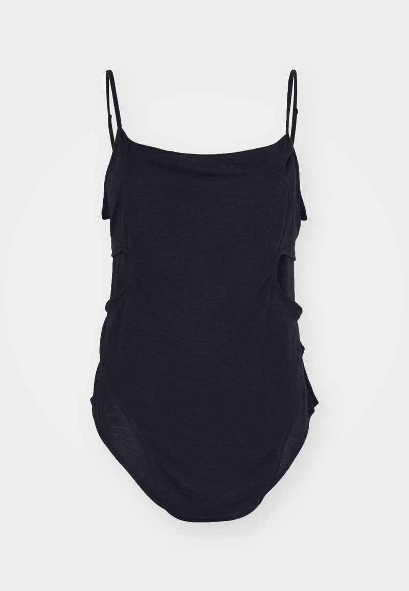 Schwarzes ärmelloses Top mit dünnen Trägern, aus weichem Stoff gefertigt. Mit drapierten Seiten und einem abgerundeten Saum für eine lockere Passform.