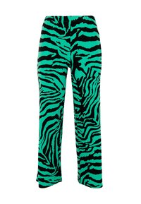 Groene en zwarte gestreepte broek met elastische tailleband, gemaakt van een gladde stof en met een brede pijpdesign.