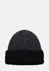 Beanie lavorato a maglia in grigio scuro e nero. Materiale morbido e texturizzato con risvolto. Forma superiore arrotondata, adatta per il freddo. Senza decorazioni.