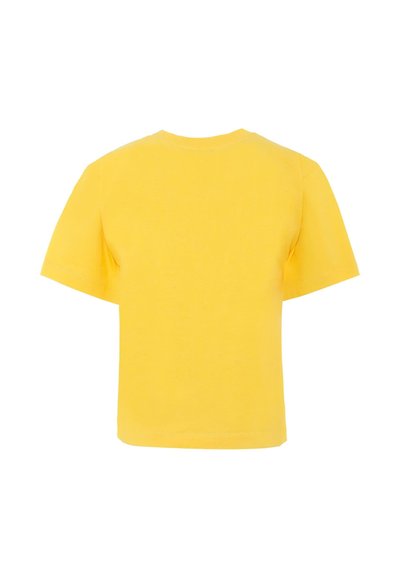T-shirt jaune à manches courtes en coton, présentant un col ras du cou classique et une texture uni sans motifs ni embellissements.
