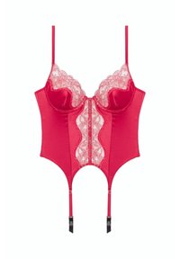 Czerwona satynowa gorsetka z koronkowymi detalami przy dekolcie, koronkowym panelem na środku oraz regulowanymi ramiączkami. Posiada zapięcie na haki oraz podwiązki sięgające do ud.