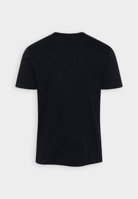 T-shirt noir à manches courtes avec un col rond. Texture lisse, coupe standard, design minimaliste, sans motifs ni embellissements visibles.