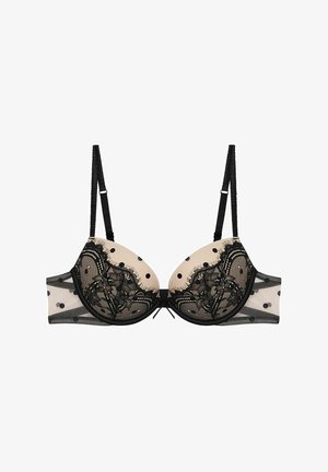 Schwarzer BH aus Spitze und Mesh mit nude-farbener Polsterung, Punkten, Unterwäschestütze, verstellbaren Trägern und einer Schleifendetail in der Mitte vorne.