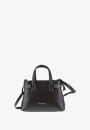 Borsa a tracolla in pelle nera con duplice manico superiore, tracolla removibile, dettagli in metallo color oro e logo del brand discreto sul davanti.