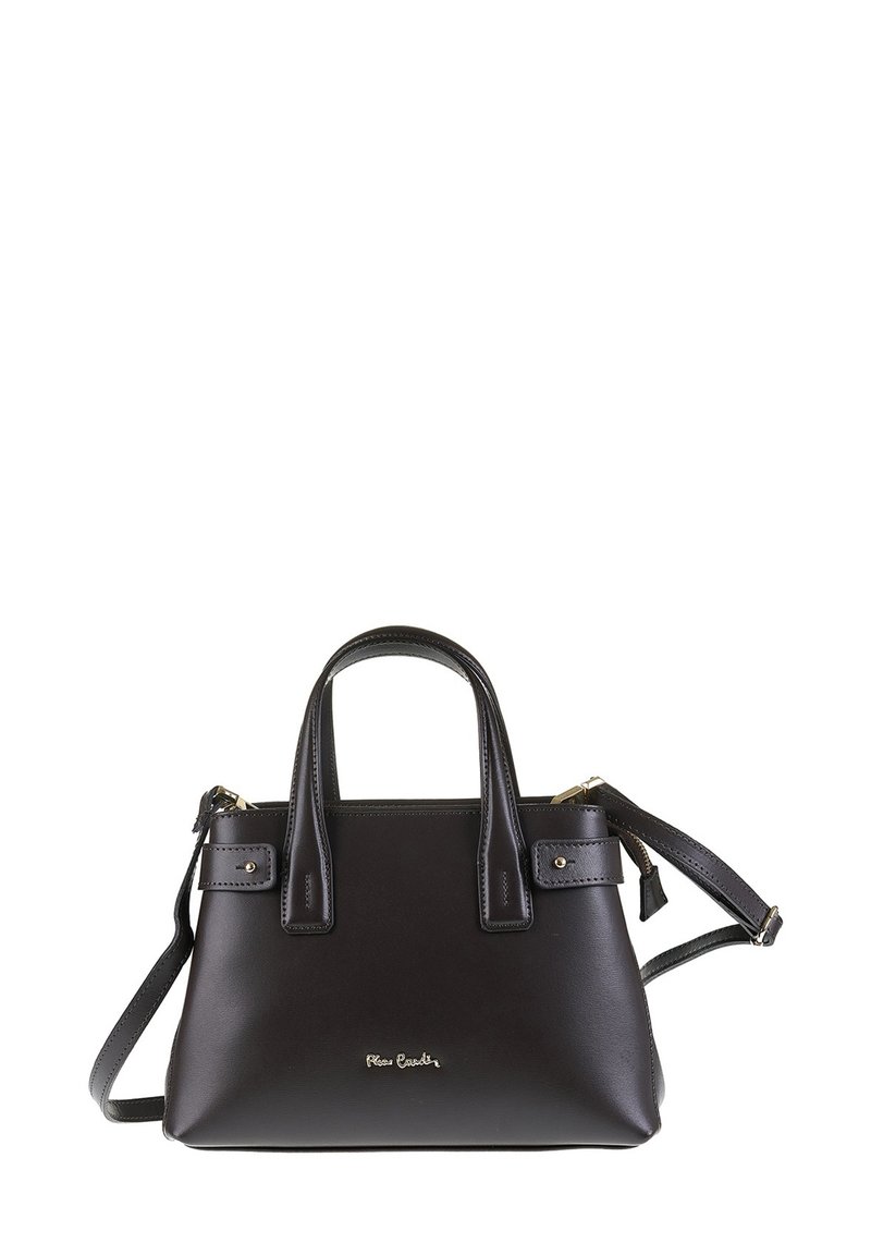 Sac à main en cuir noir avec double poignée supérieure, bandoulière amovible, quincaillerie dorée et logo discret à l'avant.