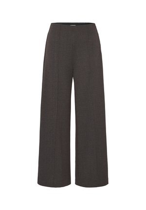 Pantalons à jambe large en motif chevron brun foncé, avec une taille haute et une texture lisse, adaptés pour un usage décontracté ou formel.
