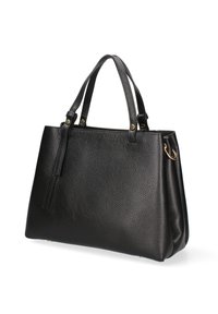 Borsa a mano in pelle nera con finitura testurizzata, due manici superiori e accessori in metallo color oro. Forma rettangolare con un design strutturato.