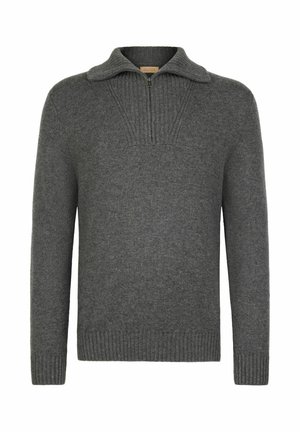 Grå uldtrøje med halvlukket krave, ribbet kant og struktureret yolk-detalje. Lange ærmer og tætsiddende pasform.