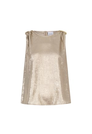 Goldfarbenes Metallic-Oberteil ohne Ärmel mit lockerem Schnitt, das am Schulterbereich gerafften Stoff und einen dezenten Reißverschluss am Rücken aufweist.
