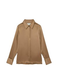 Ruda satino palaidinė ilgomis rankovėmis, smailiu atvartų apykakle ir priekyje su sagutėmis. Lygios tekstūros ir pritaikyto silueto, rankovės su manžetėmis.