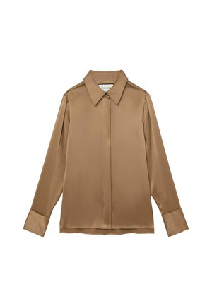 Ruda satino palaidinė ilgomis rankovėmis, smailiu atvartų apykakle ir priekyje su sagutėmis. Lygios tekstūros ir pritaikyto silueto, rankovės su manžetėmis.