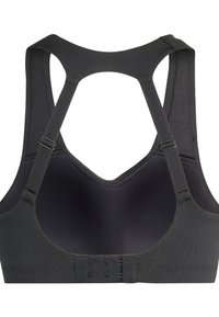 Brassière de sport noire avec un dos nageur, des bretelles réglables et une fermeture à agrafes dans le dos. Fabriquée en matériau extensible et respirant.