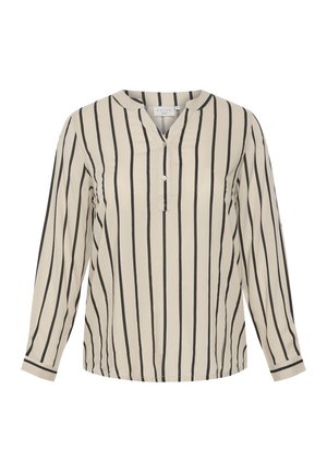 Beige blus med svarta vertikala ränder, långa ärmar, V-ringning, liten framknäppning med knappar och subtila manschettdetaljer.