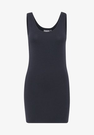 Námornícky modré tielko šaty, bezrukávový dizajn, priliehavý strih, vyrobené z jemného materiálu s hladkou textúrou a okrúhlym výstrihom. Žiadne viditeľné kovanie.