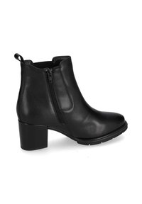 Stivale alla caviglia in pelle nera con tacco a blocco, zip laterale, pannello elasticizzato e linguetta sul retro, mostrato su sfondo bianco.