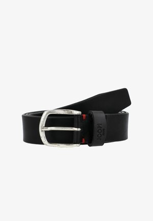 Black leather belt featuring a silver-tone metal buckle with a worn finish. Includes red stitching and a brand tag with embossed lettering.