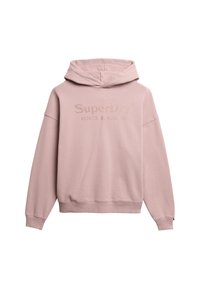 Sudadera rosa con una textura suave, que cuenta con una capucha ajustable y un logotipo en el frente que dice "SuperDry Venice Beach, CA." Diseño holgado.