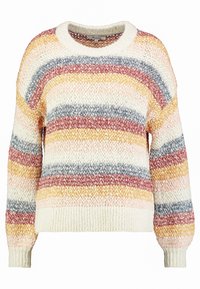 Suéter de punto multicolor con rayas horizontales en tonos cálidos de rojo, amarillo y azul, con un cuello redondo y puños acanalados.