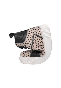 Rosa und schwarze Leopardenprint-Ankelboots mit strukturiertem Obermaterial, schwarzen Lederakzenten und einer weißen Gummisohle. Mit Zugschlaufe.