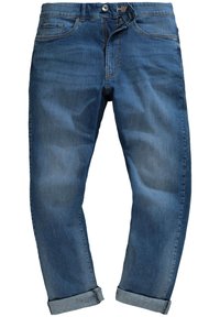 Jeans de denim azul con un corte relajado, que cuentan con puños doblados, cinco bolsillos y acentos de costura amarilla. Textura suave con un ligero desgaste.
