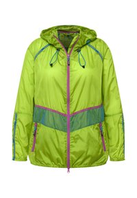 Ljusgrön lättviktsjacka med huva, som har blå och lila detaljer, nätsektioner och fickor med dragkedja. Texturerat tyg med justerbara snoddar.