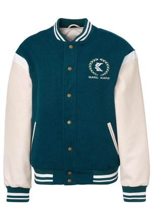 Dunkeltealene Varsity-Jacke mit cremefarbenen Ärmeln, gestreiftem Kragen und Bündchen, Druckknöpfen und einem runden Karl Kani Logo auf der Brust.